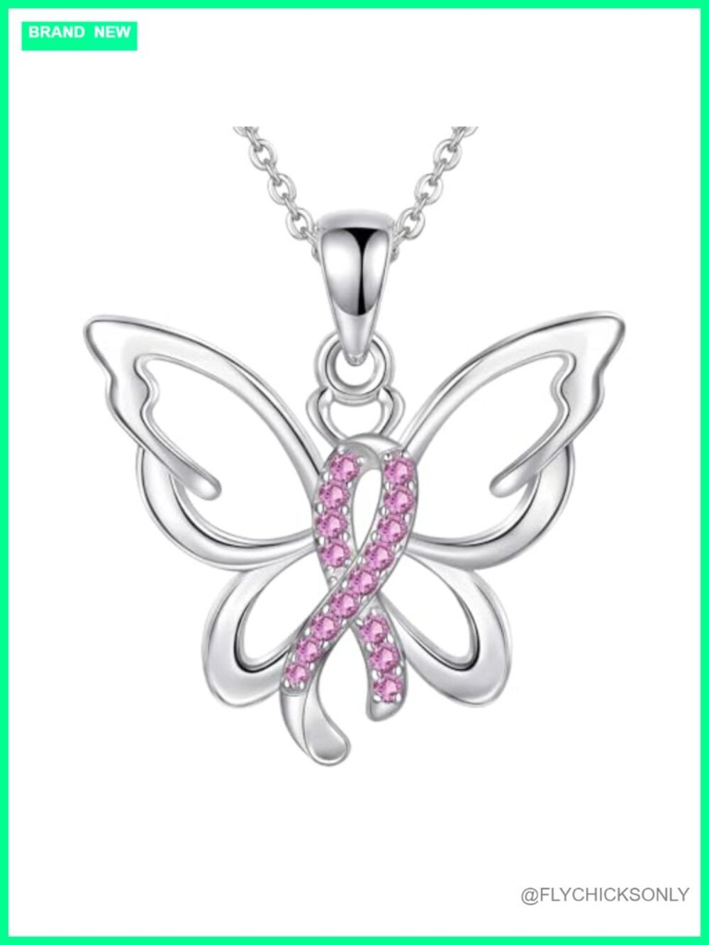 Sterling Silver Breast Cancer Necklace Cross Butterfly Pendant